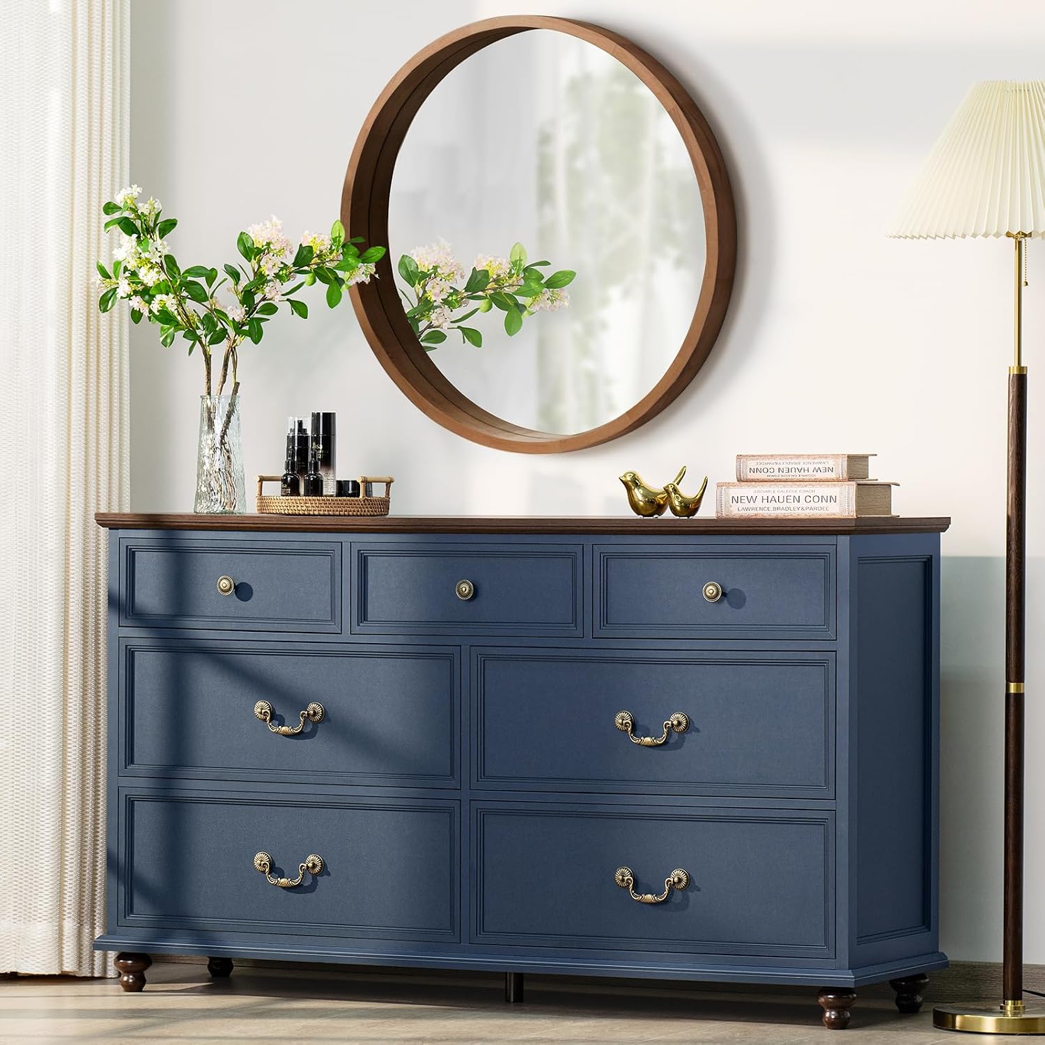 Joaxswe Farmhouse 54' 7 Drawers Dresser for Bedroom, Wide Chest of Drawers w/ 4 Wooden Legs, Vintage Rustic Large Closet Storage Dressers Organizer for Hallway, Wood TV Stand for Living Room, Blue
