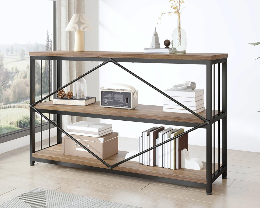 IBF 3 Tier Bookshelf Storage Organizer, Industrial Short Wide Open Horizontal Bookcase, Farmhouse Low Wood Metal Book Shelf for Office, Modern Vintage Etagere in Bedroom Living Room, Rustic Oak, 47 In