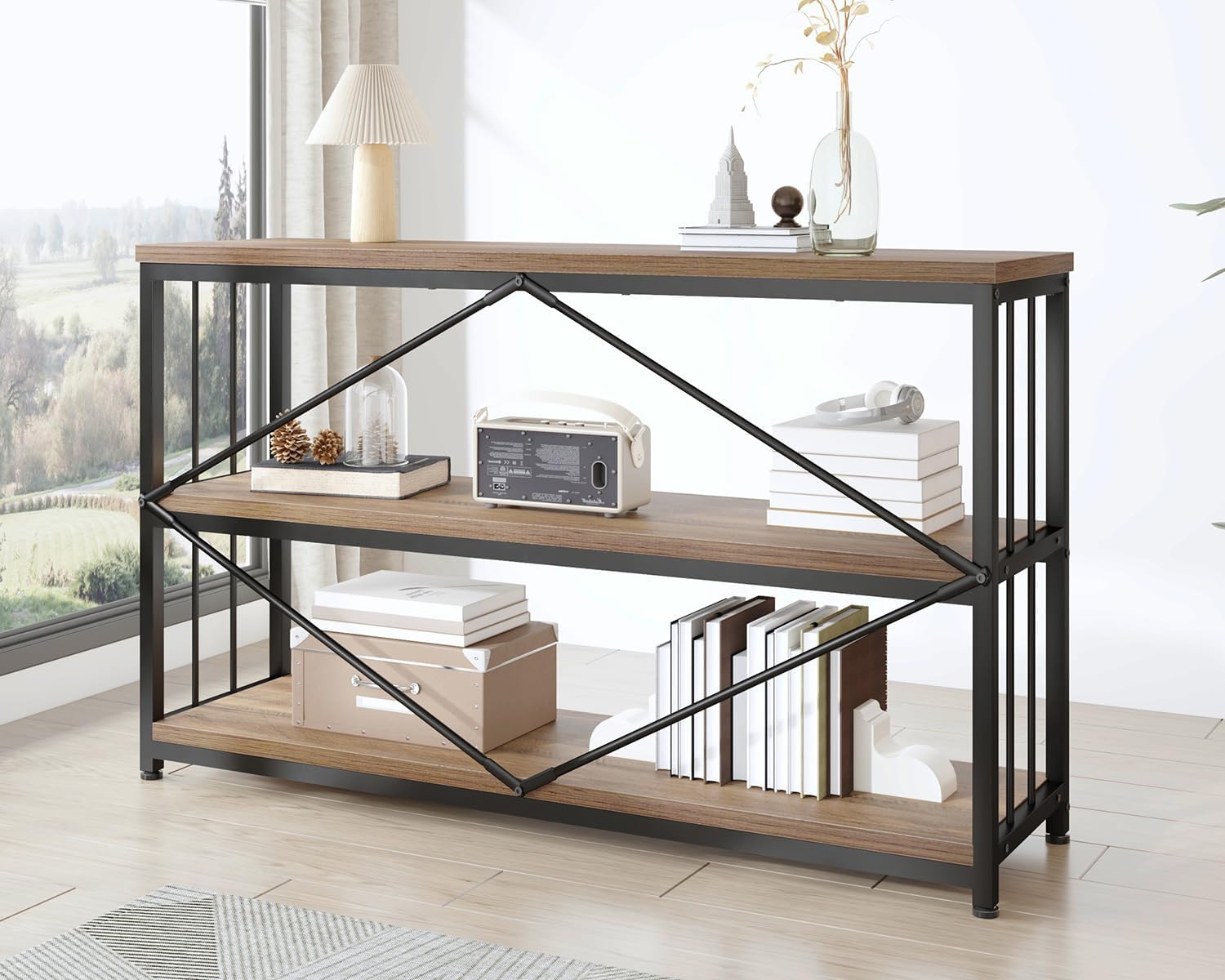 IBF 3 Tier Bookshelf Storage Organizer, Industrial Short Wide Open Horizontal Bookcase, Farmhouse Low Wood Metal Book Shelf for Office, Modern Vintage Etagere in Bedroom Living Room, Rustic Oak, 47 In