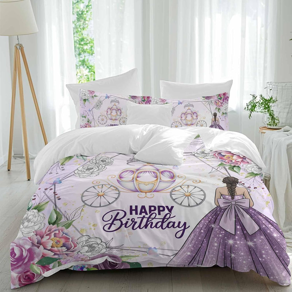 Happy Birthday Duvet Cover Full Size - 4 Pieces Bedding Set, Purple Luxury Dress Crown Carriage Flowers Bedding Comforter Covers Zipper Closure, 1 Duvet Covers 1 Fitted Sheet 2 Pillow Shams