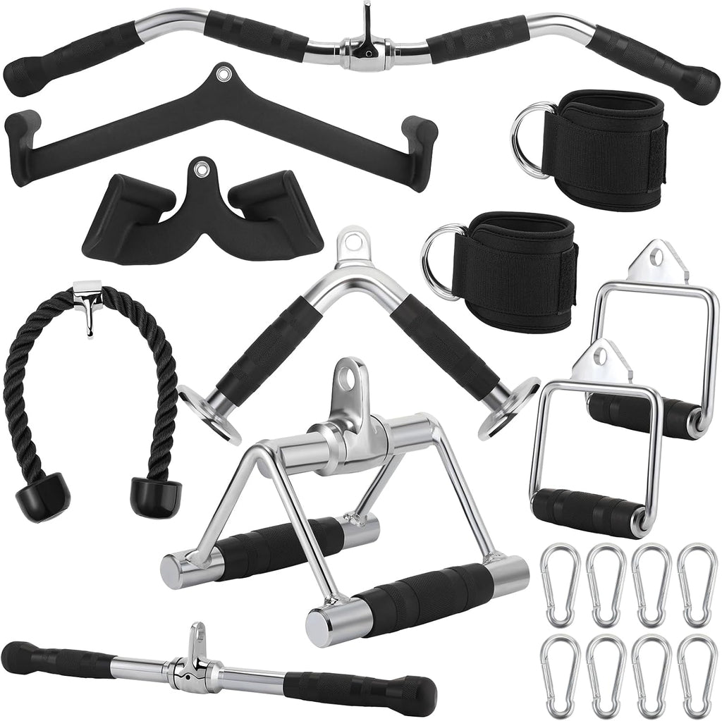 Junkin 19 Pieces LAT Pull Down Bars Cable Machine Attachments for Home Gym Triceps Rope Pull Down Equipment Weight Machine Accessories for Fitness Workout Strength Training