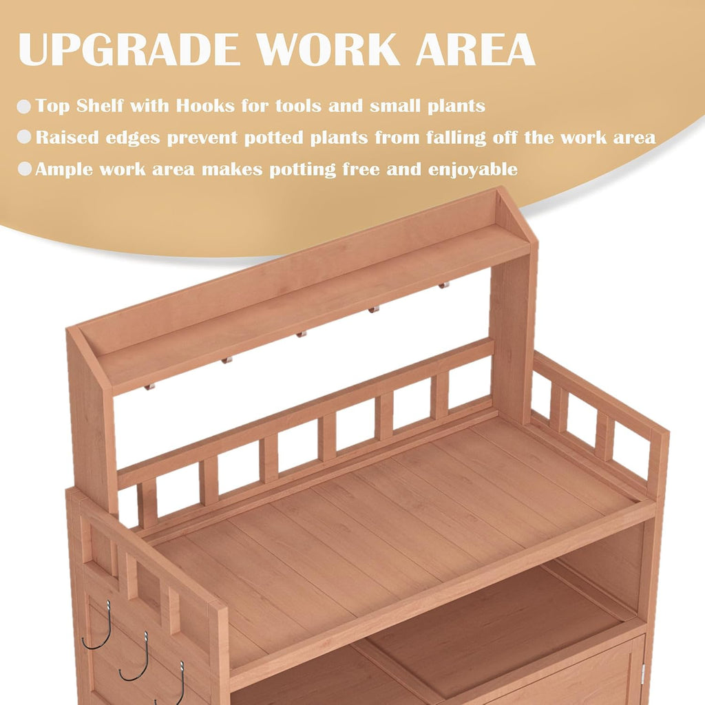 Outdoor Potting Bench for Garden Solid Fir Wood, 39.37' W x 18.9' D x 55.12' H, Brown Storage Cabinet & Top Shelf