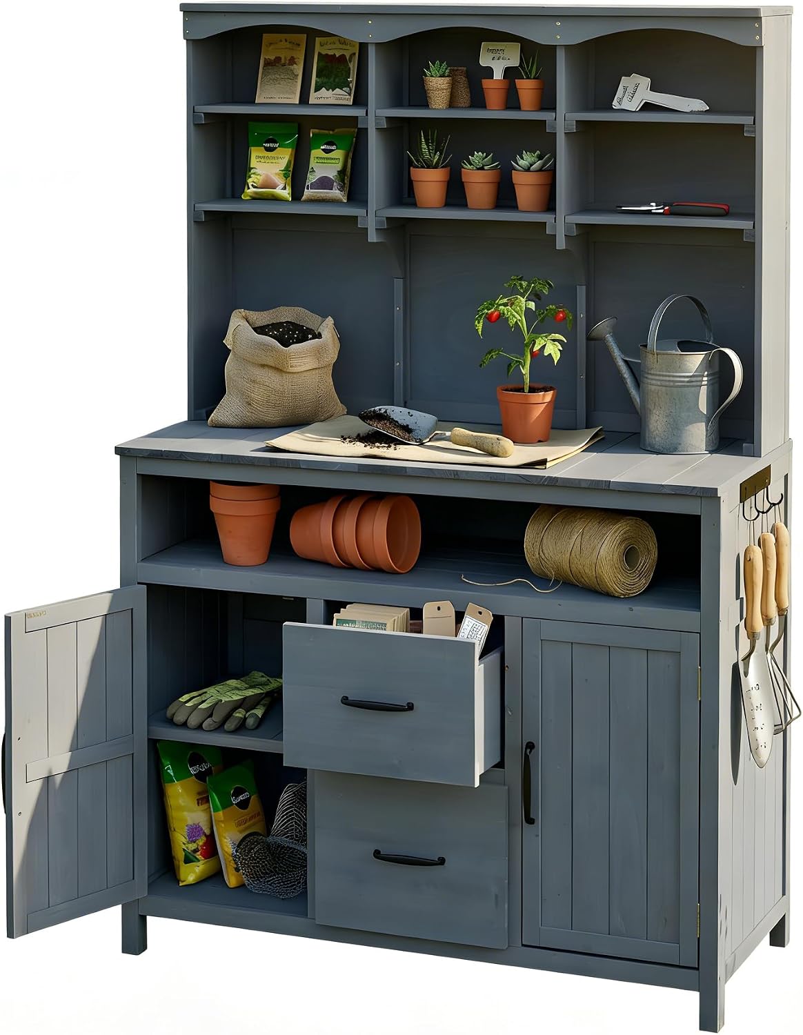 Outdoor Potting Bench Table with Large Countertop and Hutch, Freestanding Garden Workstation with Cabinets, Drawers and Hooks for Backyard (Gray)