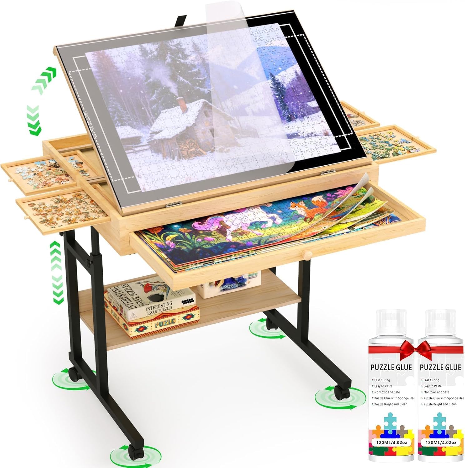 Wooden Puzzle Table with Storage for 300-1500 Piece Puzzles – Adjustable Height & Tilt, Felt Cover, Metal Stand, Lockable Wheels, Perfect for Puzzle Lovers & Adults (Puzzle Table-M)
