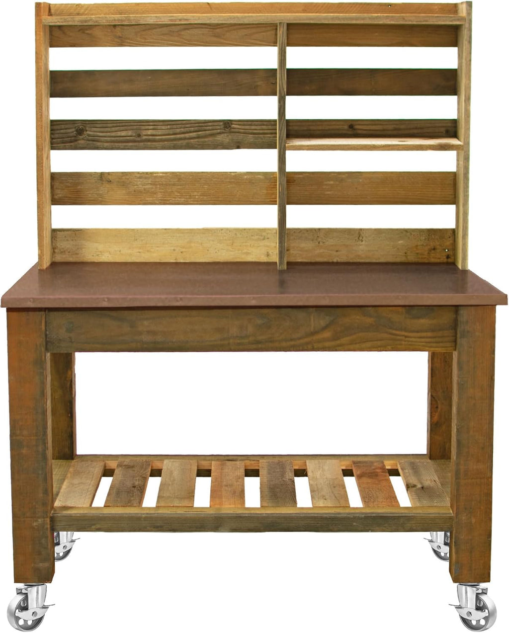 Copper Potting Table, Outdoor Garden Buffet Table and Patio Island, Gardening Workbench, Copper Table-Top with Black Iron Castors & Brakes (with Tool Hooks and Drawer Pulls, 5in Galvanized Casters)