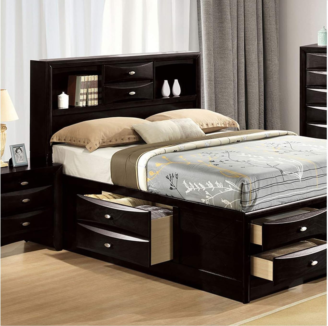 King Size Bed 2X Nightstands Headboard Bookcase Black Color 3pc Set Bedroom Furniture