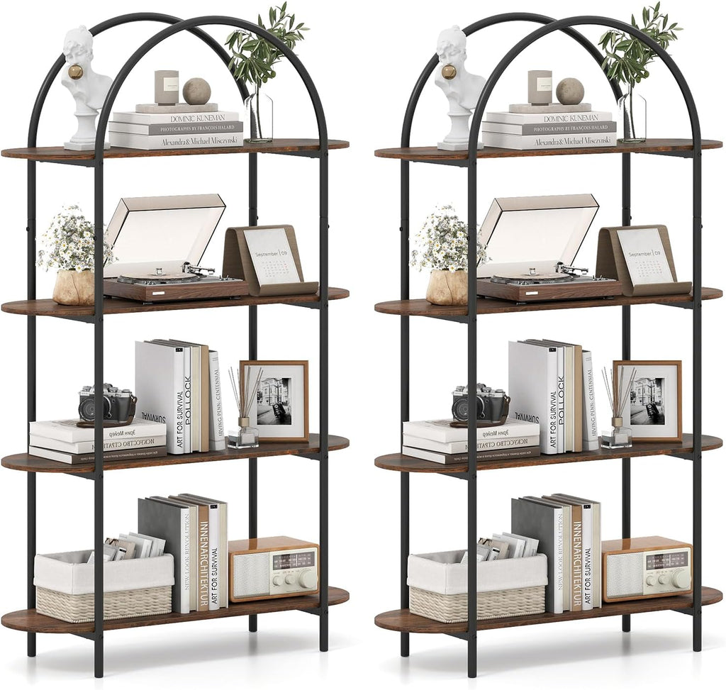 Giantex Arched Bookshelves Set of 2, 4-Tier Industrial Open Bookcase with Sturdy Metal Frame, Freestanding Display Storage Organizer for Living Room, Home Office and Bedroom, Rustic Brown