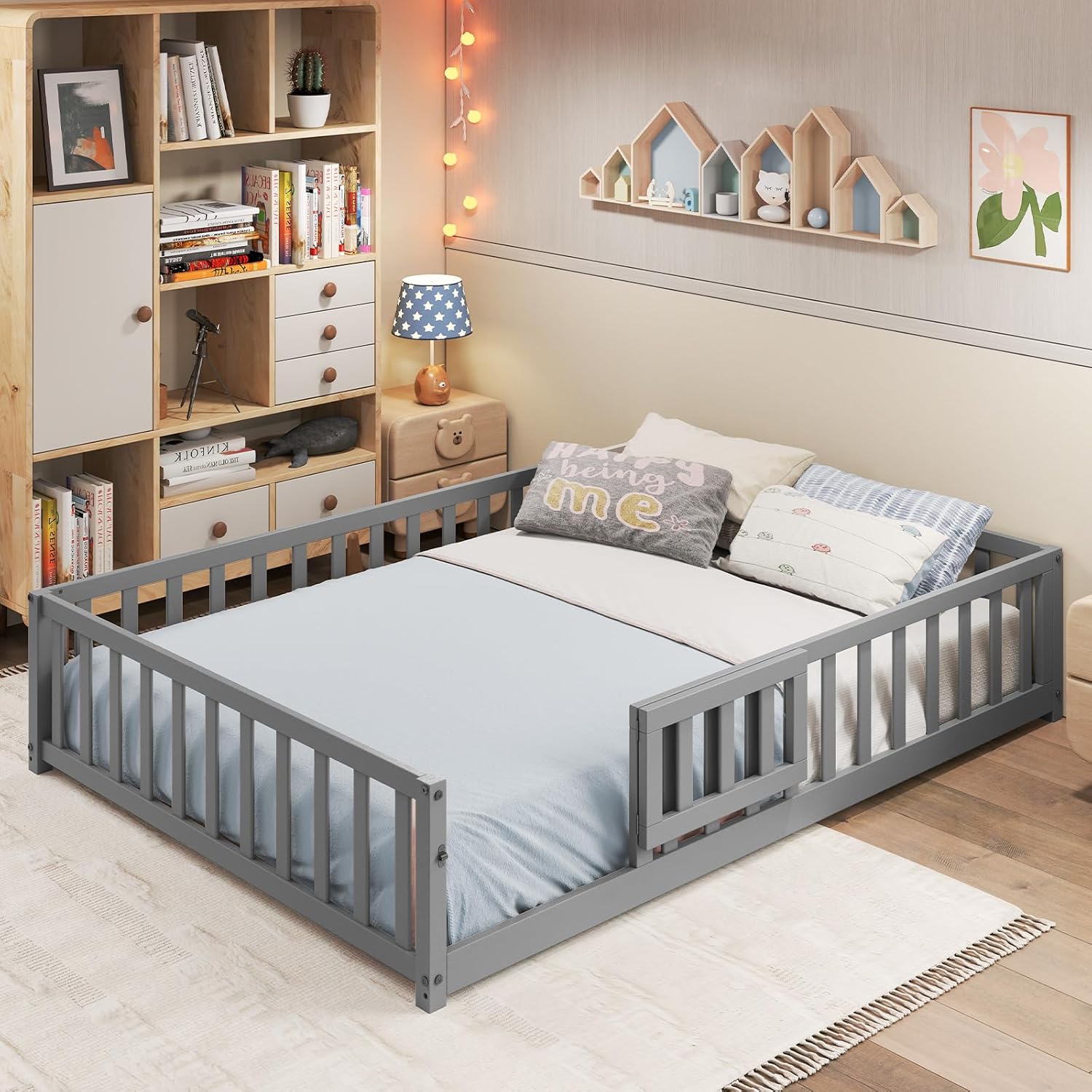 Giantex Full Size Floor Bed for Kids, Low Montessori Bed with Wood Slats & Safety Guardrails, Solid Wood Full Floor Beds with Fence and Door for Kids Boys Girls, Grey