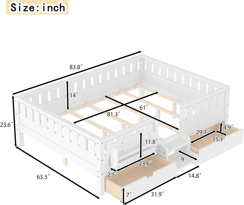 Bellemave Queen Size Bed with Slats and Stairs, Queen Size Platform Bed Frame with Fence, Bookshelf and Storage Drawers, Easy Assemble Beds for Girls, Boys, White