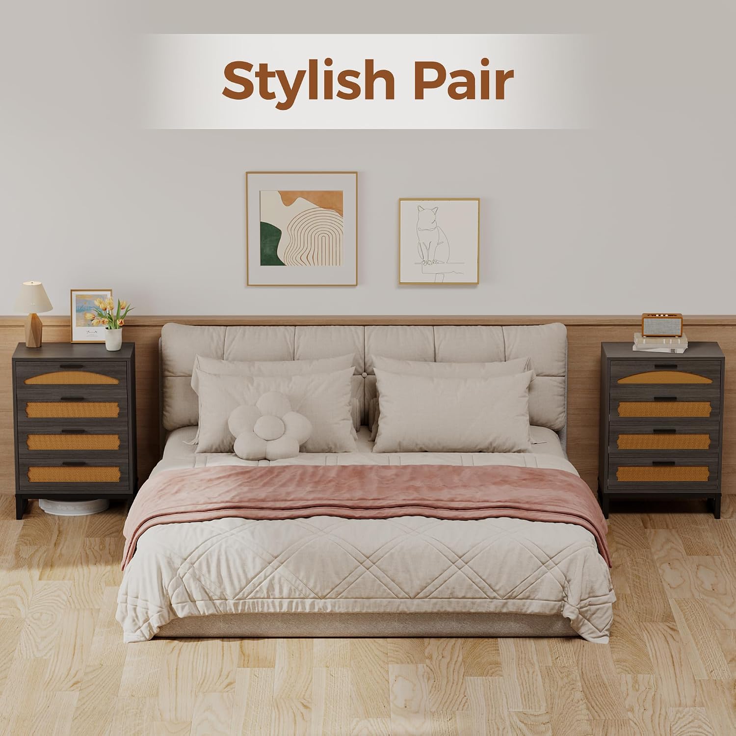Mericonia 4 Drawer Rattan Dresser for Bedroom, Wood Tall Dresser for Closet with Metal Handles, Boho Nightstand Sets, Dressers & Chests of Drawers for Bedroom, Hallway and Entryway, Black