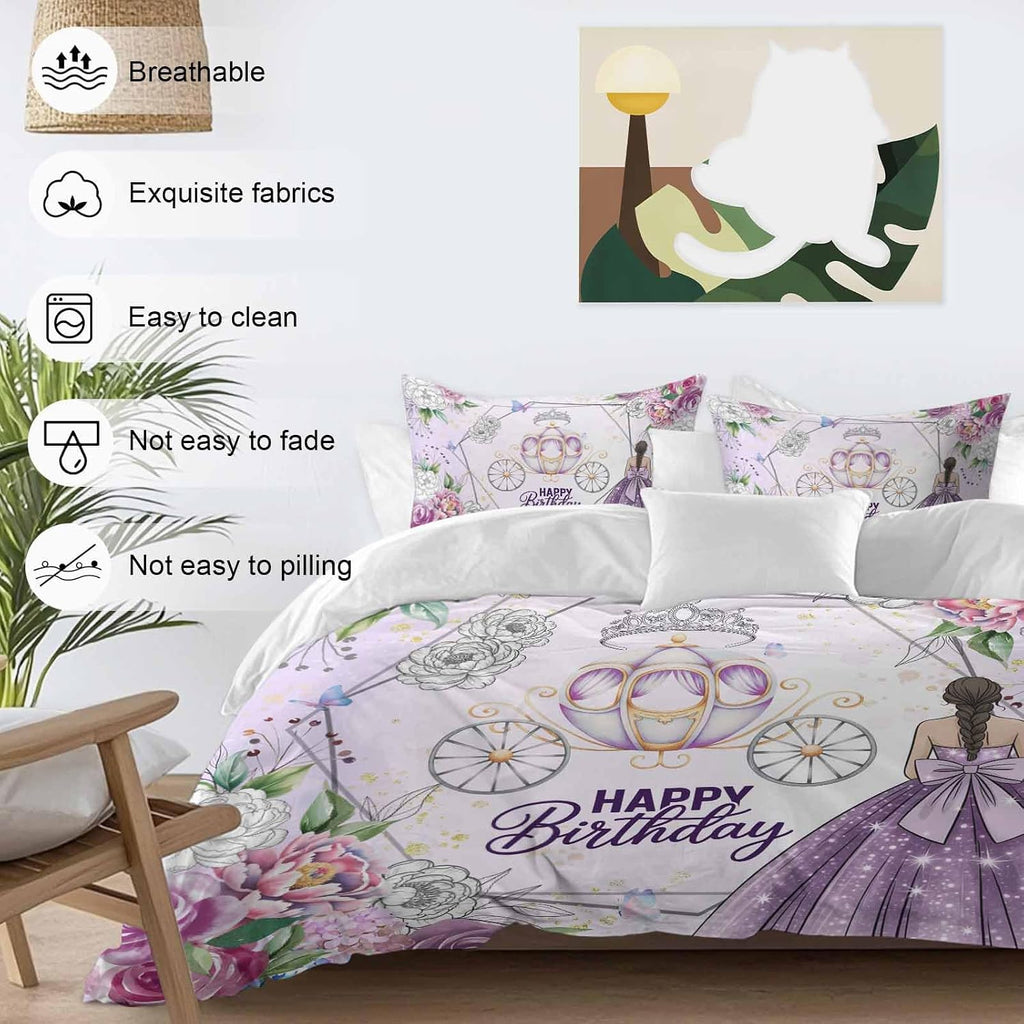 Happy Birthday Duvet Cover Full Size - 4 Pieces Bedding Set, Purple Luxury Dress Crown Carriage Flowers Bedding Comforter Covers Zipper Closure, 1 Duvet Covers 1 Fitted Sheet 2 Pillow Shams