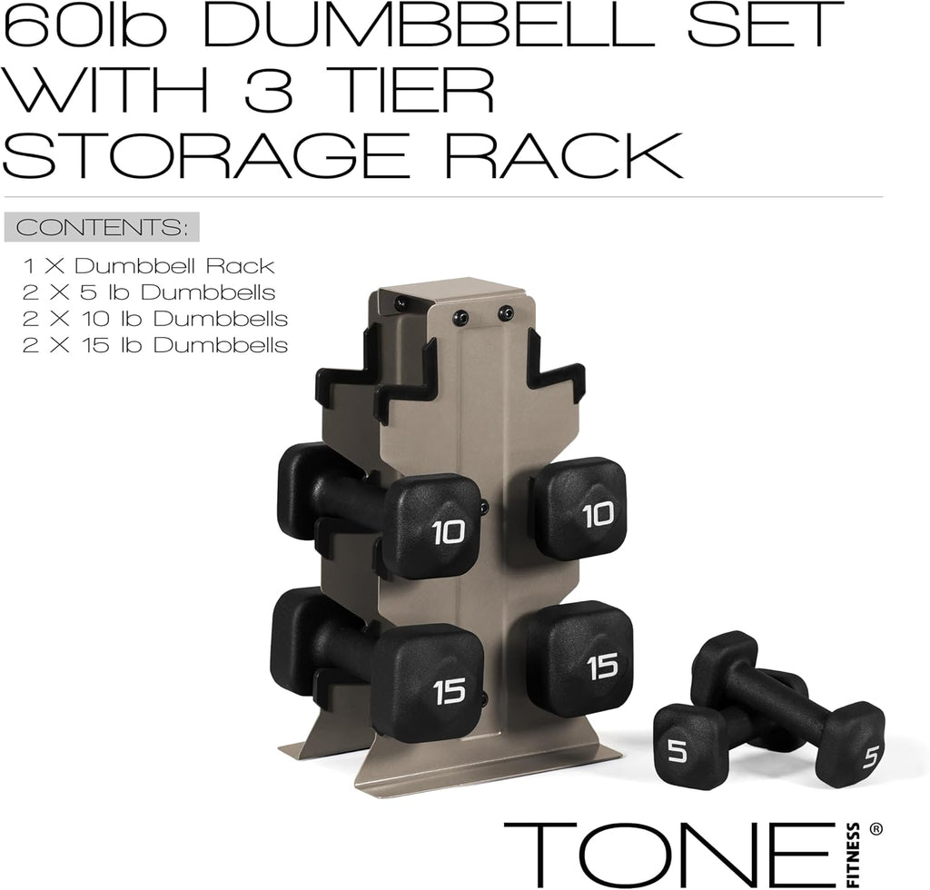 Tone Fitness Neoprene Dumbbell Set with Storage Rack – Non-Slip, Anti-Roll Hand Weights for Home Gym Workouts | 20 lb, 32 lb, 50 lb, 60 lb & 100 lb Options