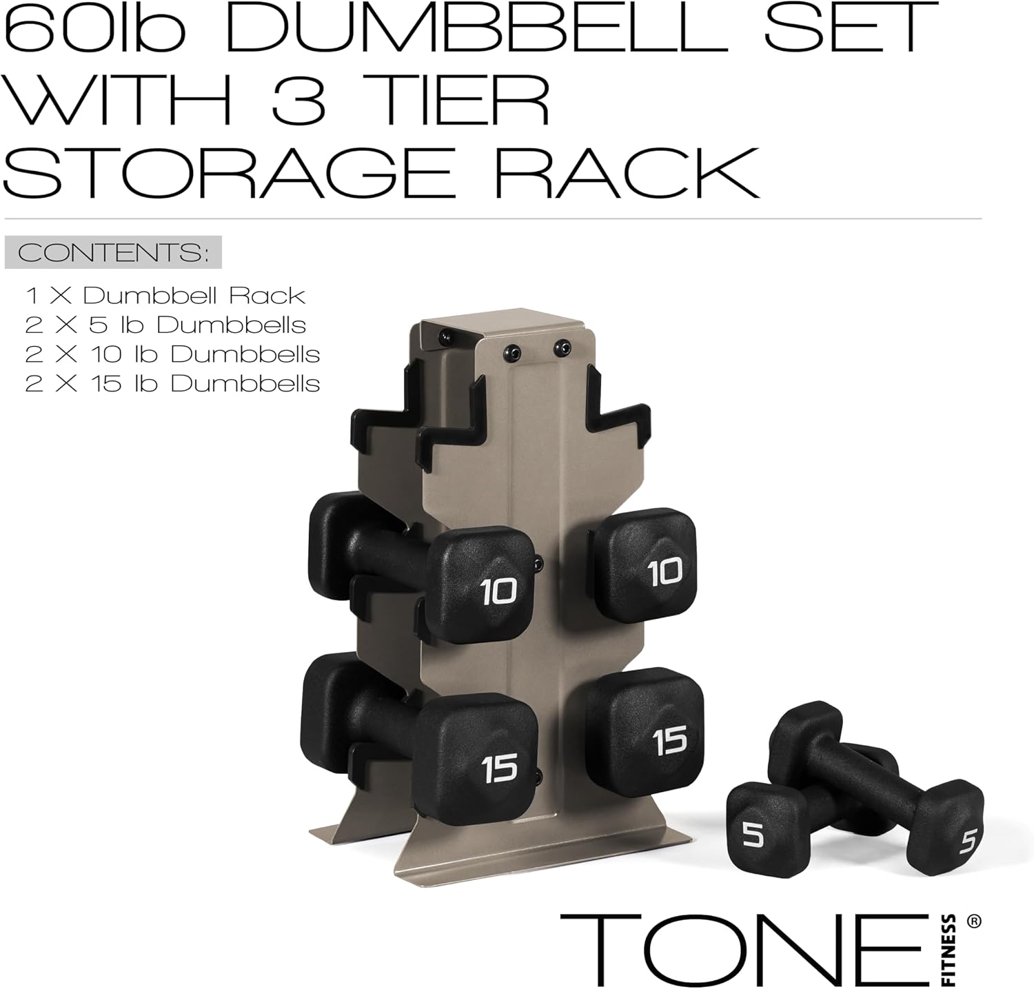 Tone Fitness Neoprene Dumbbell Set with Storage Rack – Non-Slip, Anti-Roll Hand Weights for Home Gym Workouts | 20 lb, 32 lb, 50 lb, 60 lb & 100 lb Options