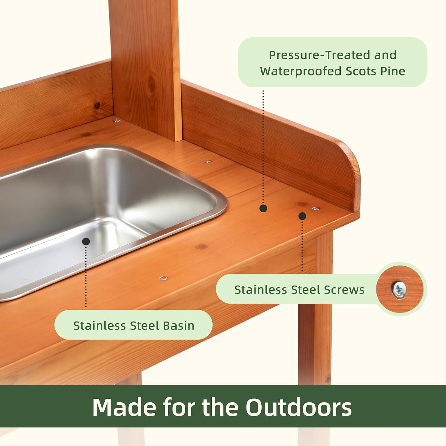 OOOK Potting Bench, Nordic Scots Pine Potting Table, Removable Sink, Workstation for Outside Patio Lawn, Wooden Garden Work Station