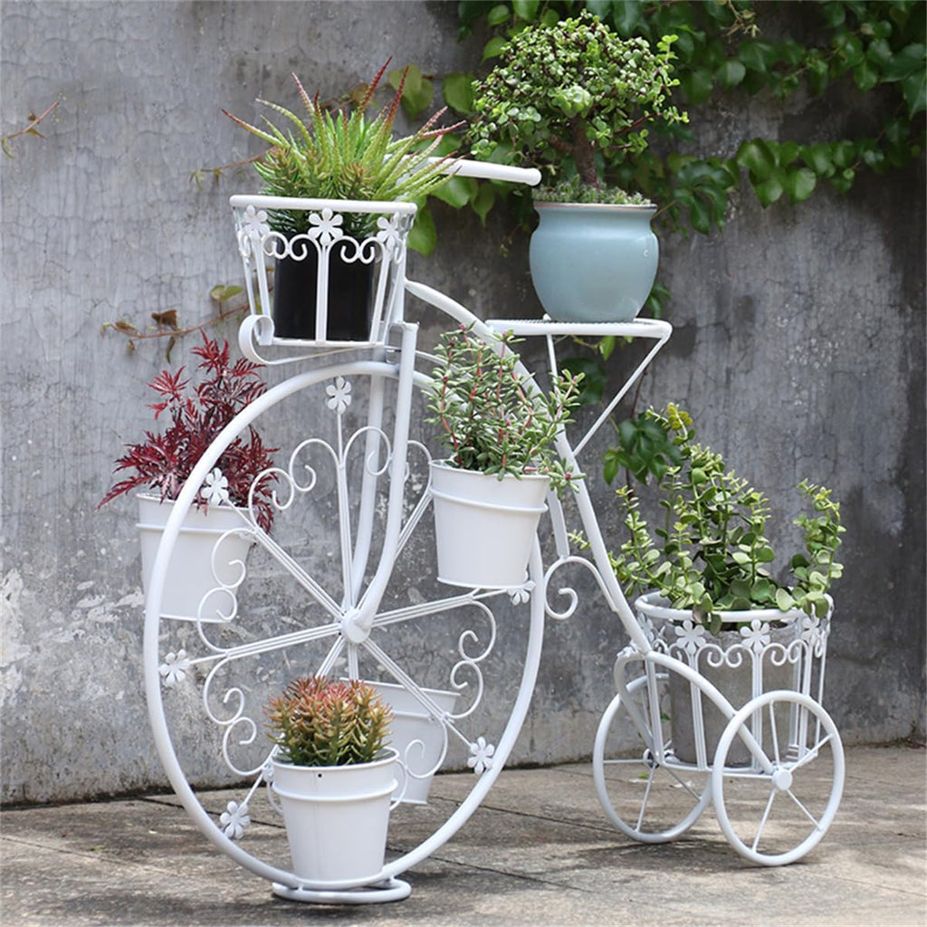 Moveable Plant Shelf for Indoor Outdoor,Heavy Duty Metal Multiple Plant Rack Holder,Creative European Style Bicycle Iron Flower Stand,Outdoor Garden Potting Bench Table,for Patio, Balcony,White