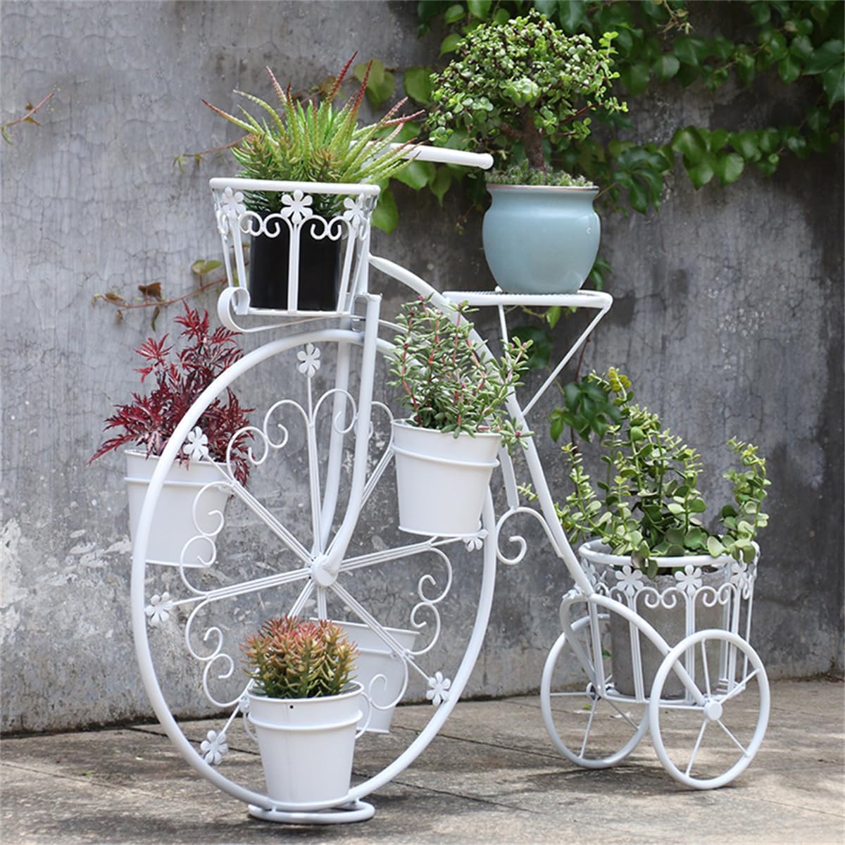 Moveable Plant Shelf for Indoor Outdoor,Heavy Duty Metal Multiple Plant Rack Holder,Creative European Style Bicycle Iron Flower Stand,Outdoor Garden Potting Bench Table,for Patio, Balcony,White