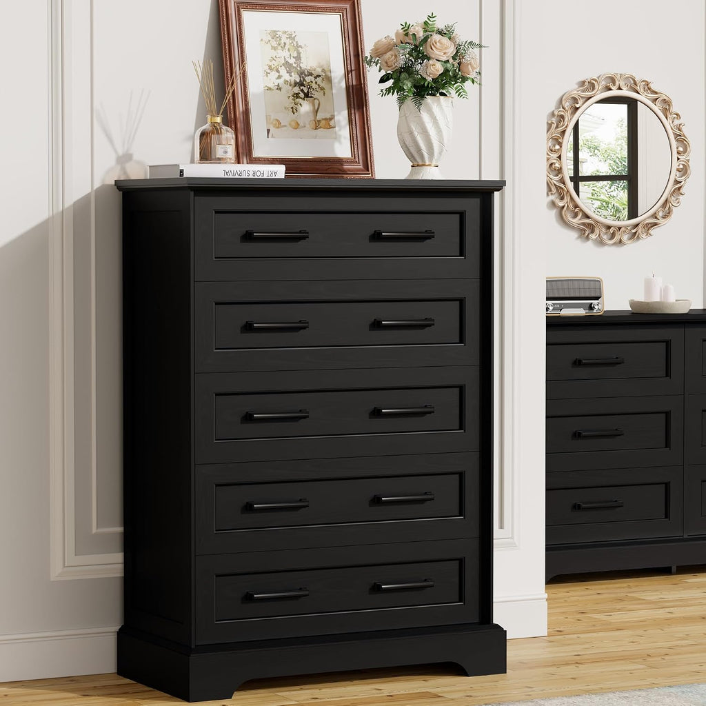 Furmax Farmhouse Dresser for Bedroom, 5 Drawers Dresser, Wood Chest of Drawers, 31.5' Wide Storage Dressers Organizer for Bedroom, Living Room (Black)