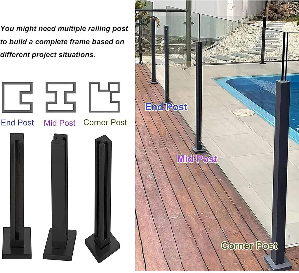 Glass Railing Post with Spigots Slots for 3/8' or 1/2' Glass- Black Stainless Steel Square Glass Balustrade Post System for Deck, Steps, Balcony, Pool, Garden, Patio Stairs ( Color : Corner Post , Siz