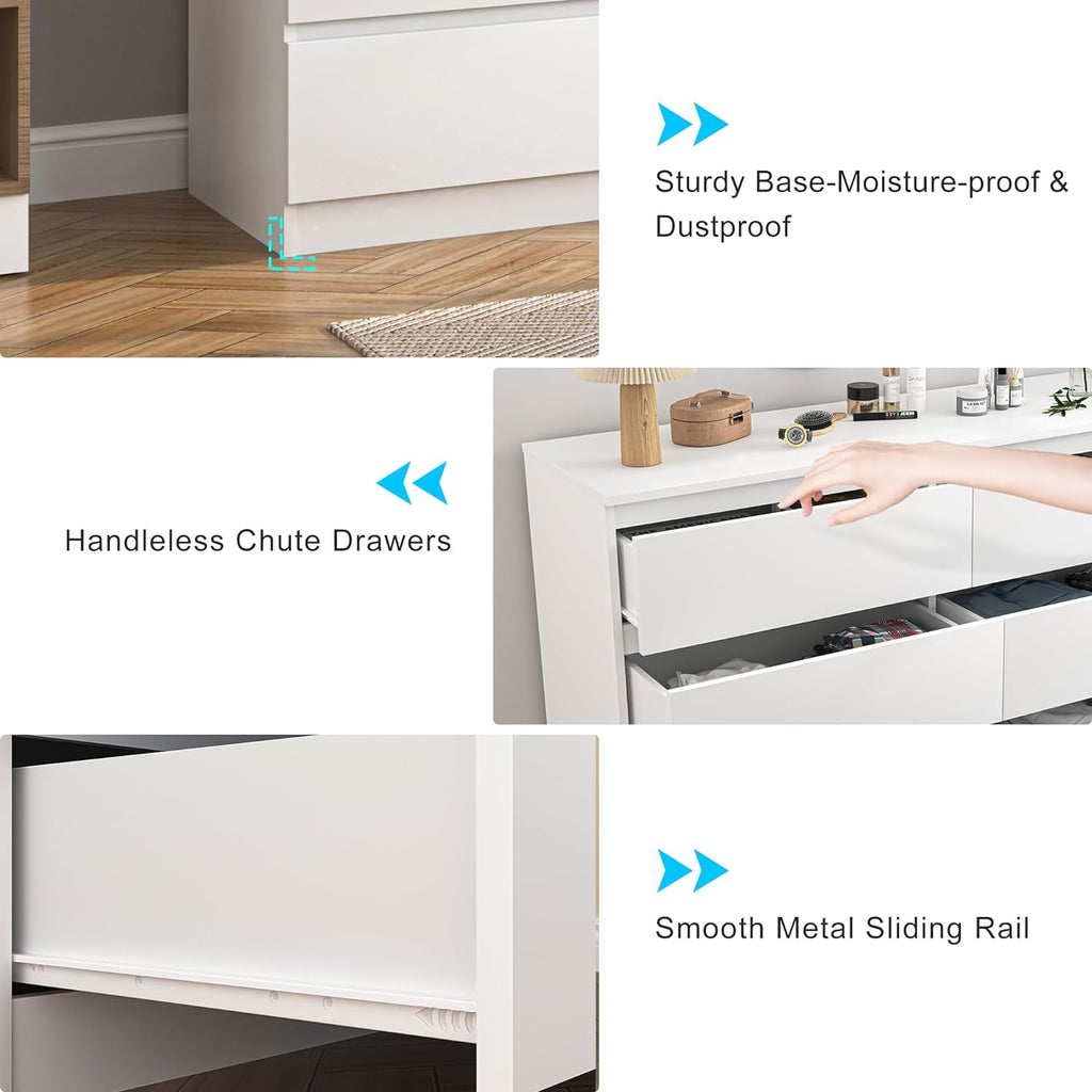 Vibe & Dine White Dresser 6 Drawer, Modern Double Dresser for Bedroom, Wood Chest of Drawers with Wide Storage for Living Room
