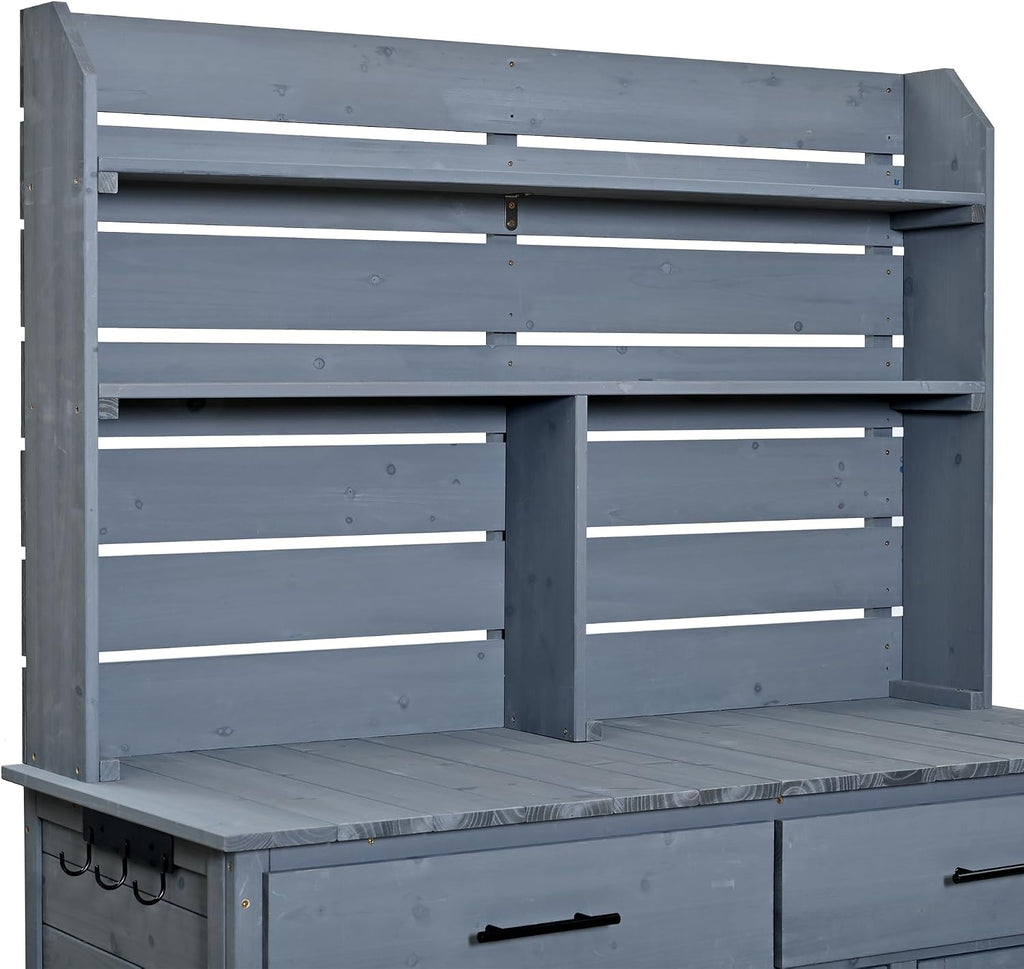 LUMISOL Garden Storage Potting Bench with Lockable Wheels, 65'' H Patio Workstation with Hutch Top, Outdoor Kitchen Island with Drawers, Removal Shelves, and Storage Cabinets, for Grilling, Gray