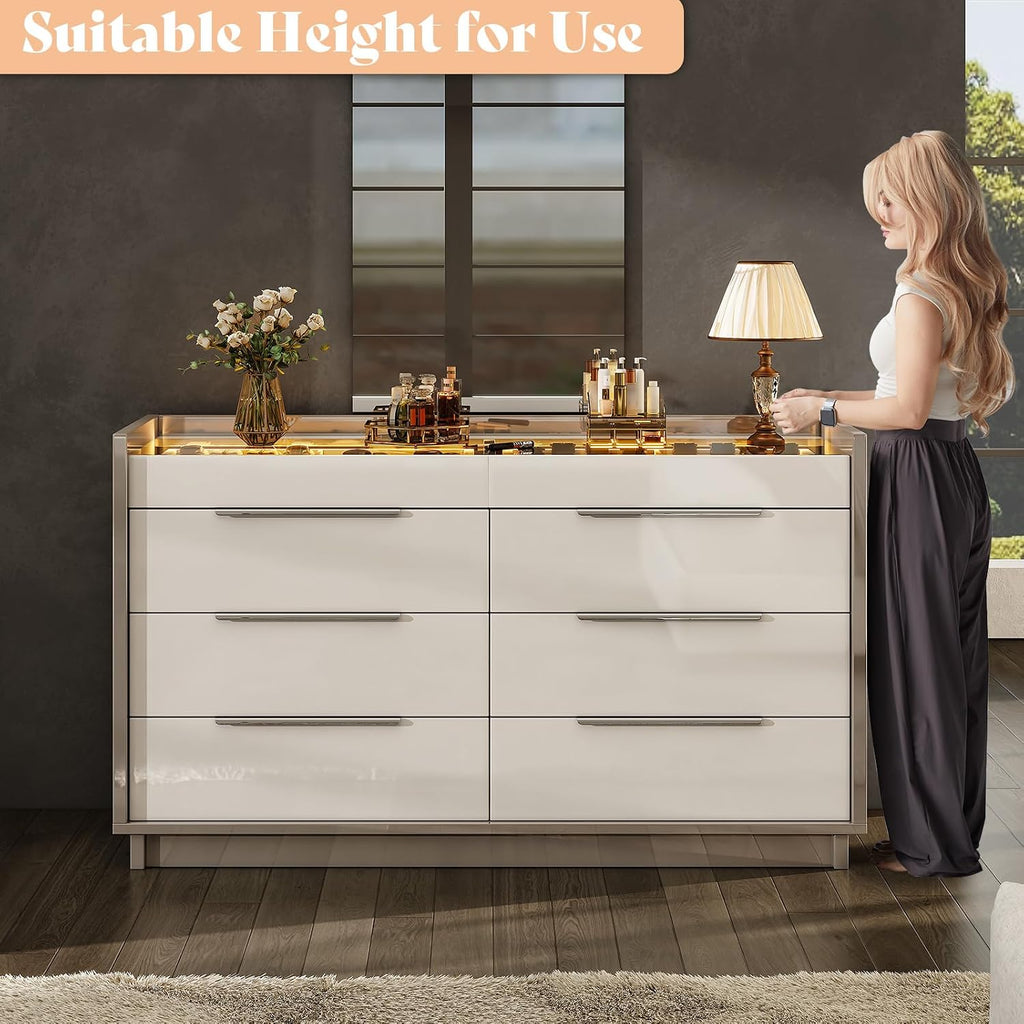 AMERLIFE 47.2' 8 Drawer Dresser with LED Light, Modern High Gloss Chest of Drawers with Glass Tabletop & 2 Six-Grid Jewelry Drawers, for Bedroom, Living Room, Dressing Room, Cream & Grey