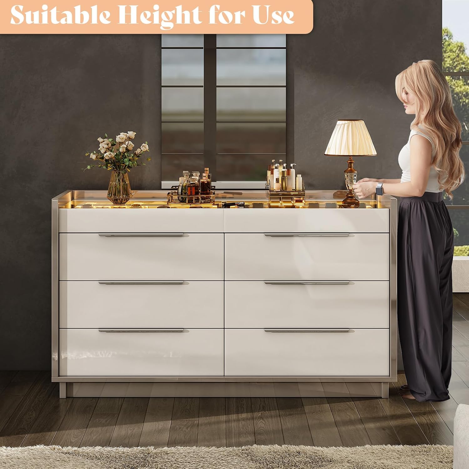 AMERLIFE 47.2' 8 Drawer Dresser with LED Light, Modern High Gloss Chest of Drawers with Glass Tabletop & 2 Six-Grid Jewelry Drawers, for Bedroom, Living Room, Dressing Room, Cream & Grey