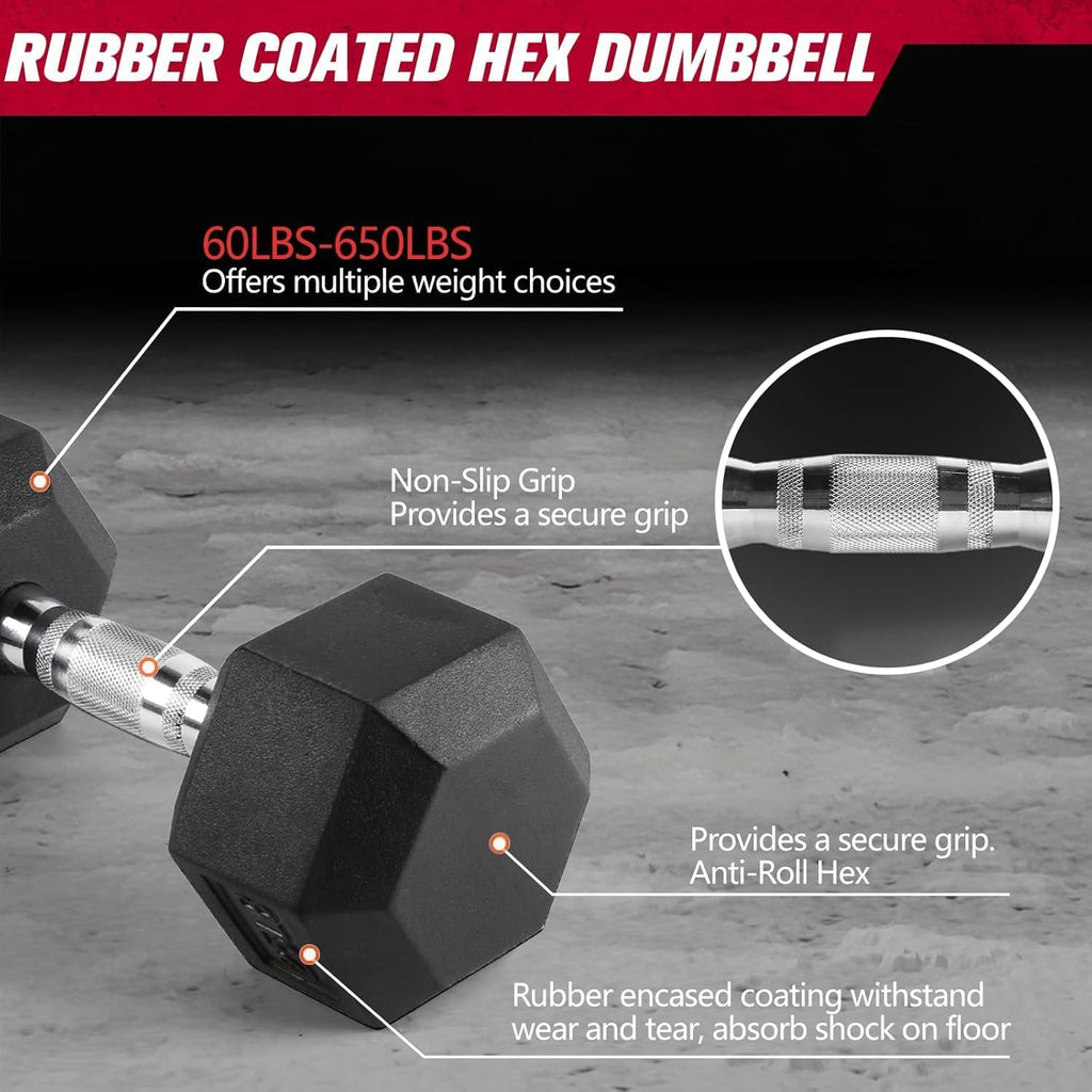 RitFit Rubber Coated Hex Dumbbell Set with Rack, 5-780LB for Home Gym Strength Training, Anti-Slip Knurled Handle, Hexagon Anti-Roll, Heavy-Duty Storage Rack