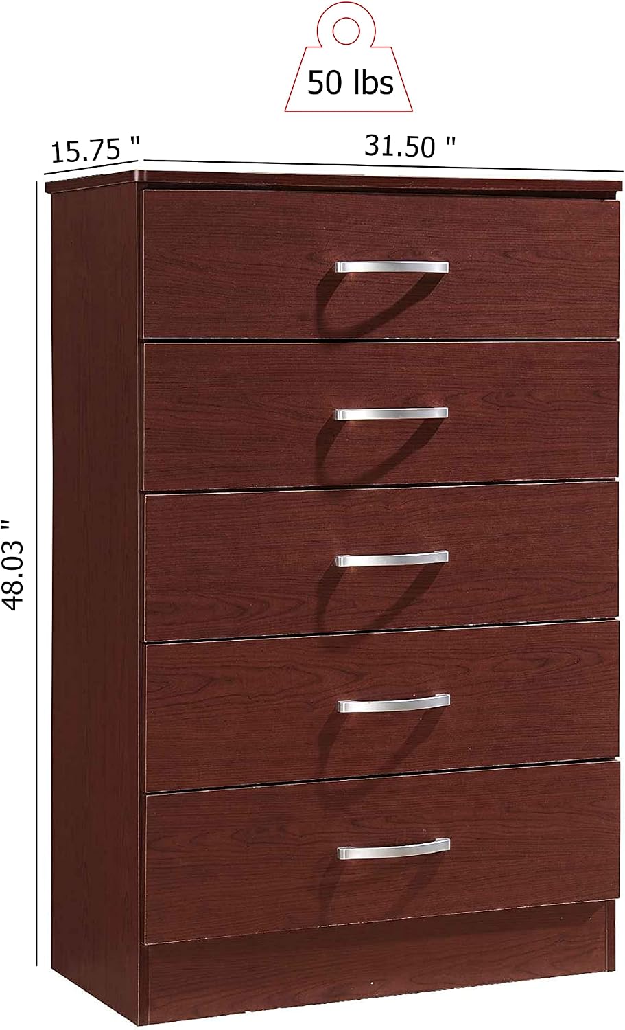 HODEDAH 5 Drawer Wood Dresser for Bedroom, Chest of Drawers with Metal Rails for Support when Storing Clothing, Mahogany, 47.8x31.5 inches