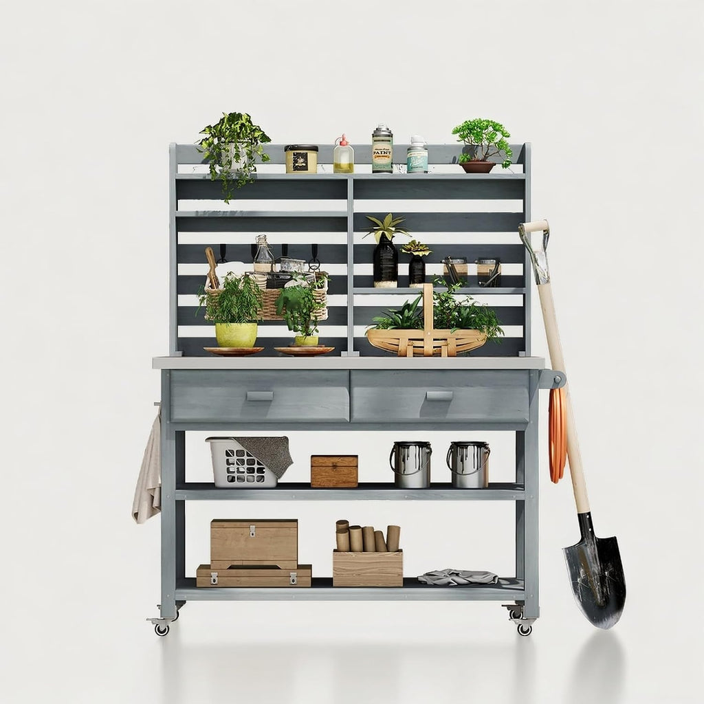 Outdoor Potting Bench Table with Lockable Wheels, Wood Outdoor Workbench with Upper Hutch, Stainless Steel Top, Towel Rack for Grilling, Lawn Garden (Grey Blue, 64.9' H)
