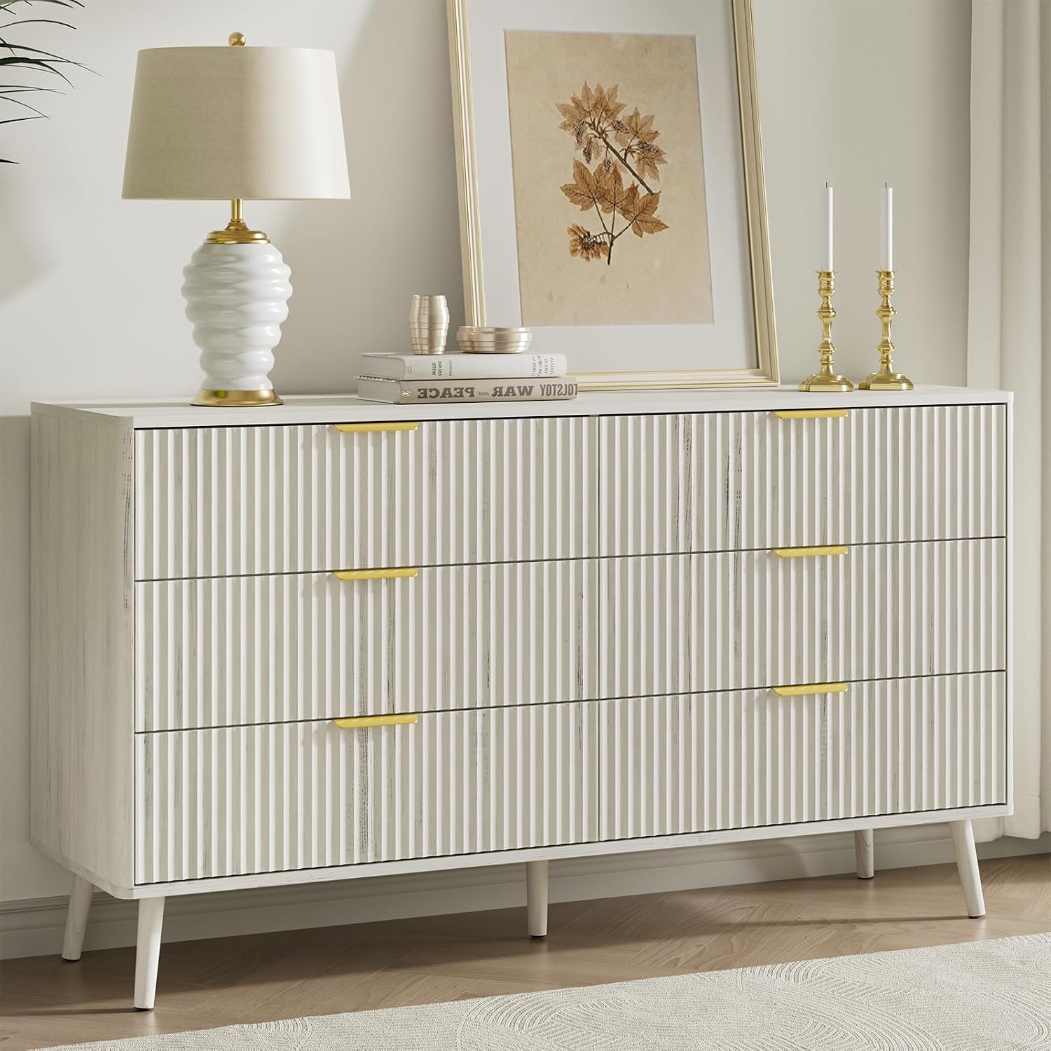 LYNSOM 55' Wide Fluted Dresser for Bedroom with 6 Drawer, Modern Chest of Drawers with Curved Profile Design and Metal Handles, Wood Dresser TV Stand & Storage Organizer for Living Room, White