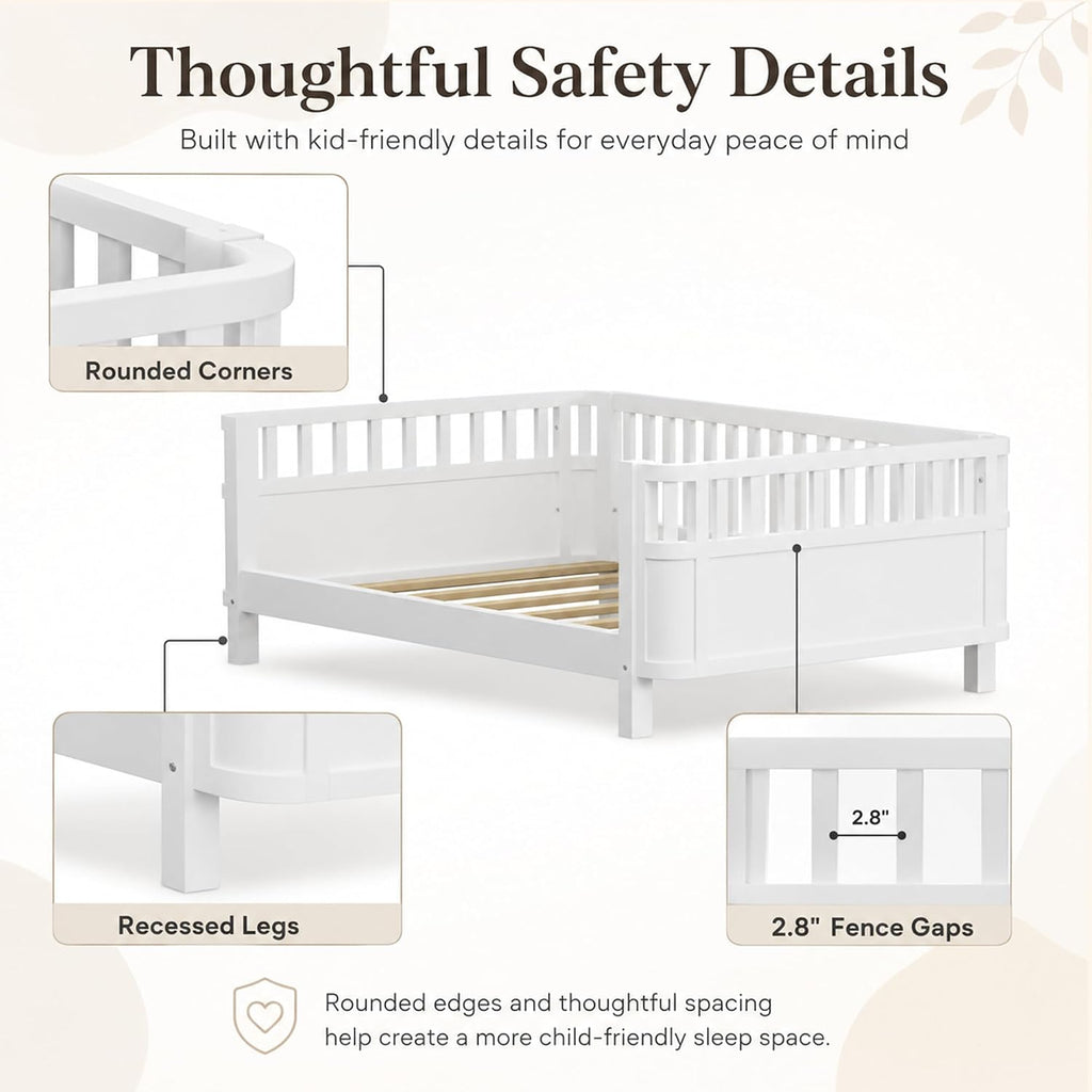Twin Size Kids Bed Frame, Low Profile Montessori Twin Bed with Rails, Wood Daybed for Girls & Boys, No Spring Box Required, No Squeaks, White