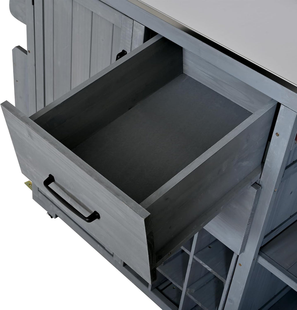 Modern 60.2''W Outdoor Kitchen Island with Wheels, Rolling Patio BBQ Kitchen Cart with Stainless Steel Top, Wood Grill Cart with Spice Rack&Wine Rack,2 Drawers (Gray-60.2'')