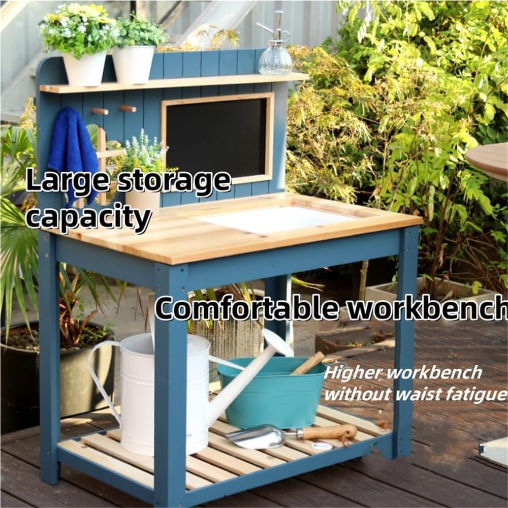 Solid Wood Potting Bench, 2 Tier Potting Table with Sink and Hooks, Outdoor Potting Bench for Garden, Yard, Balcony, Garden Table with Storage, Gardening Bench with Blackboard(Green)