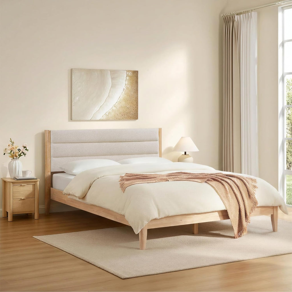 A Complete Set of Full-Size Furniture, Featuring A Wooden Bed Frame with Two Bedside Tables, Suitable for A Bedroom.(Oat)