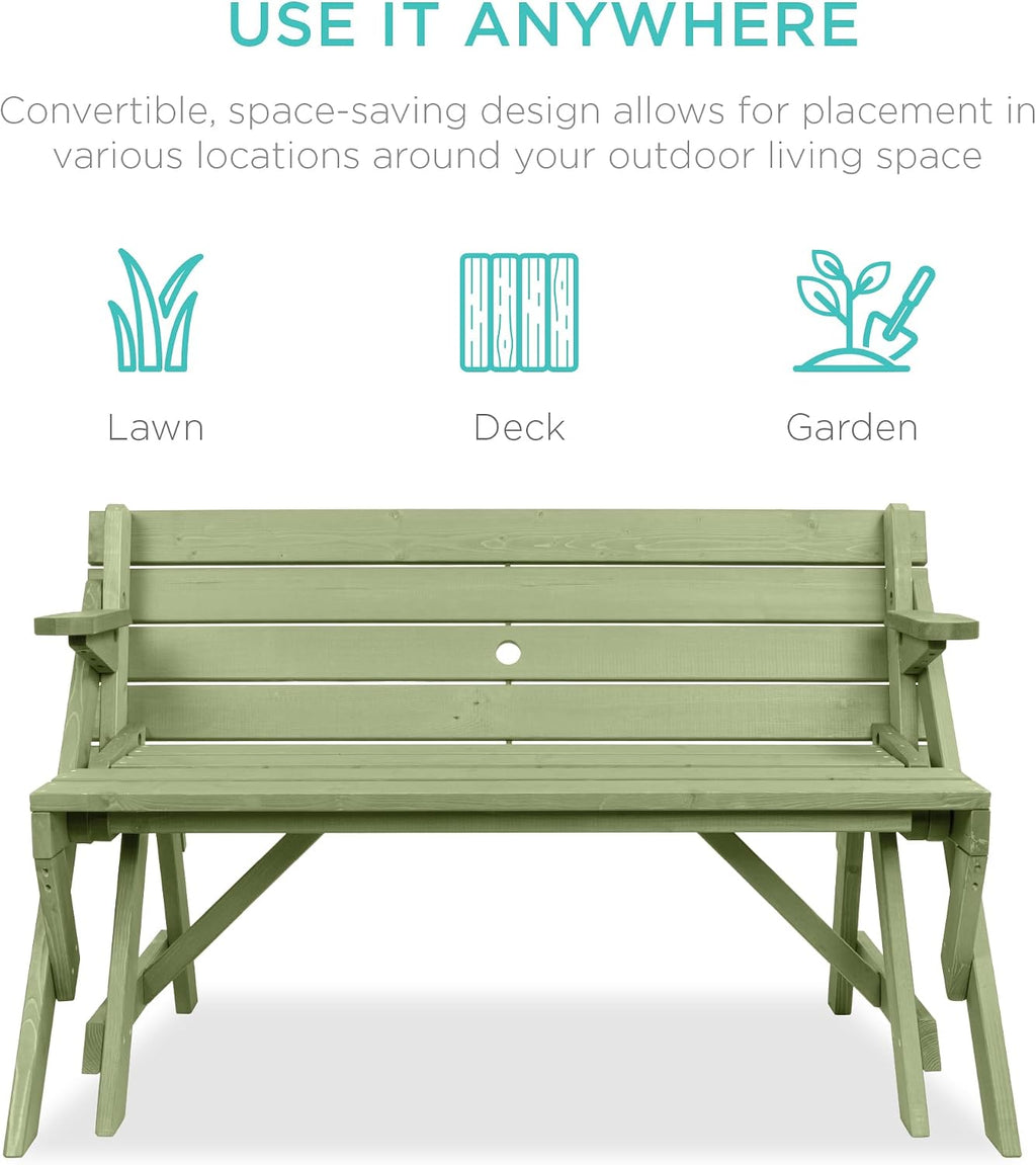 Best Choice Products 2-in-1 Transforming Interchangeable Outdoor Wooden Picnic Table Garden Bench for Backyard, Porch, Patio, Deck w/Umbrella Hole - Sage Green