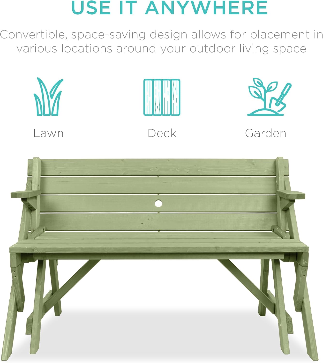 Best Choice Products 2-in-1 Transforming Interchangeable Outdoor Wooden Picnic Table Garden Bench for Backyard, Porch, Patio, Deck w/Umbrella Hole - Sage Green