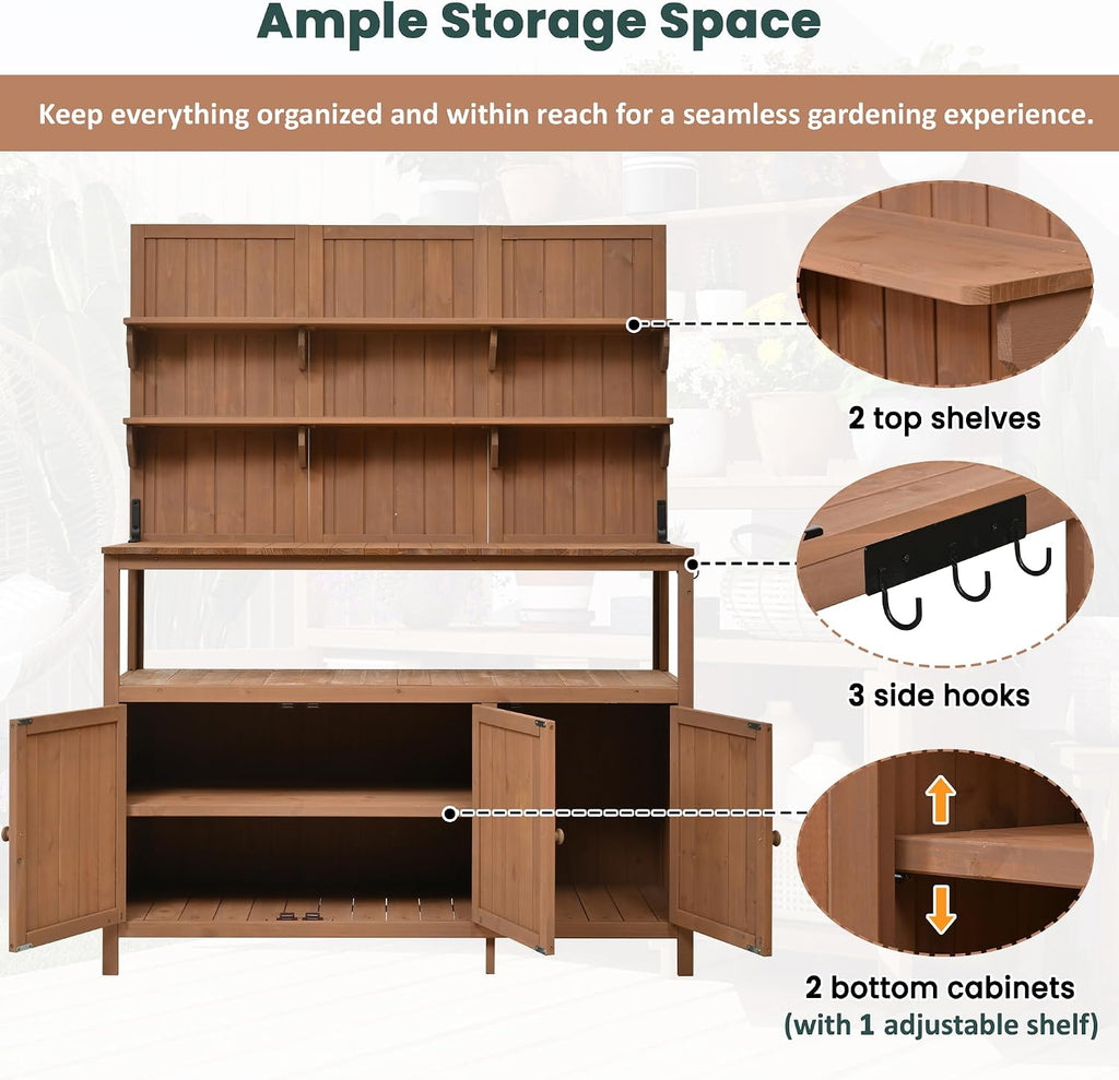 Rustic 50.2' Solid Fir Wood Patio Potting Bench with Hutch,Garden Workstation with Large Countertop,2 Shelves,2 Cabinets,3 Side Hooks,Planting Table for Backyard (Natural#H)