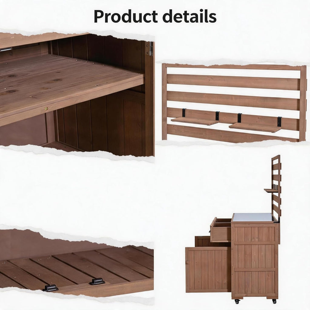 Outdoor Potting Bench with Storage Shelf and Cabinet, 65 in | Fir wood, 3-tier shelves, storage compartments, enclosed cabinet, anti-fall devices, garden, 47.2 W x 22.8 D x 65 H in