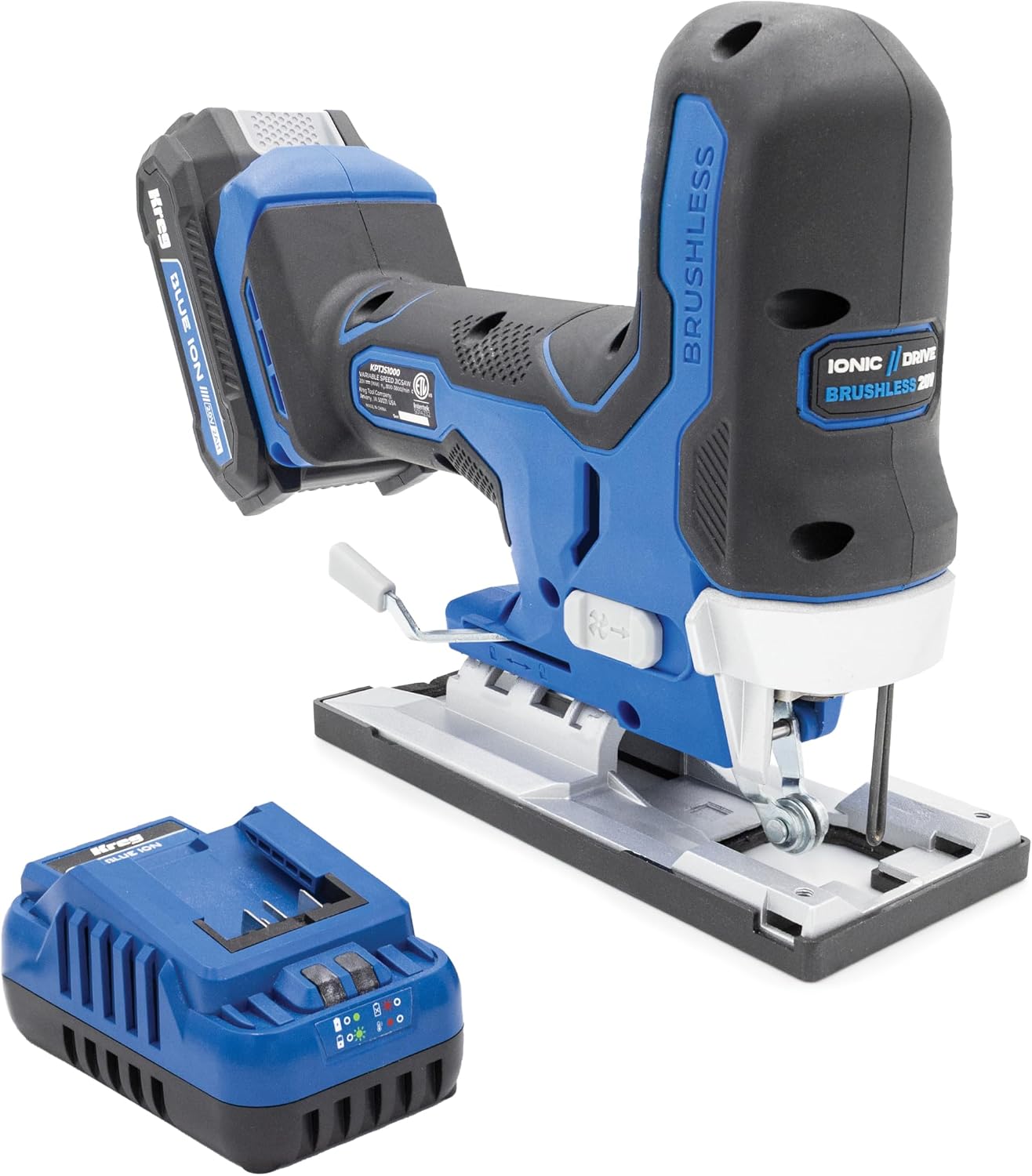 Kreg 20V Ionic Drive Barrel Grip Jigsaw, 20V Blue Ion Charger & Blue Ion 2Ah Battery Pack - Cordless & Compact - Precision Cutting - 20V Variable Speed - LED Lights & Built-In Blower - KPTBJS100A