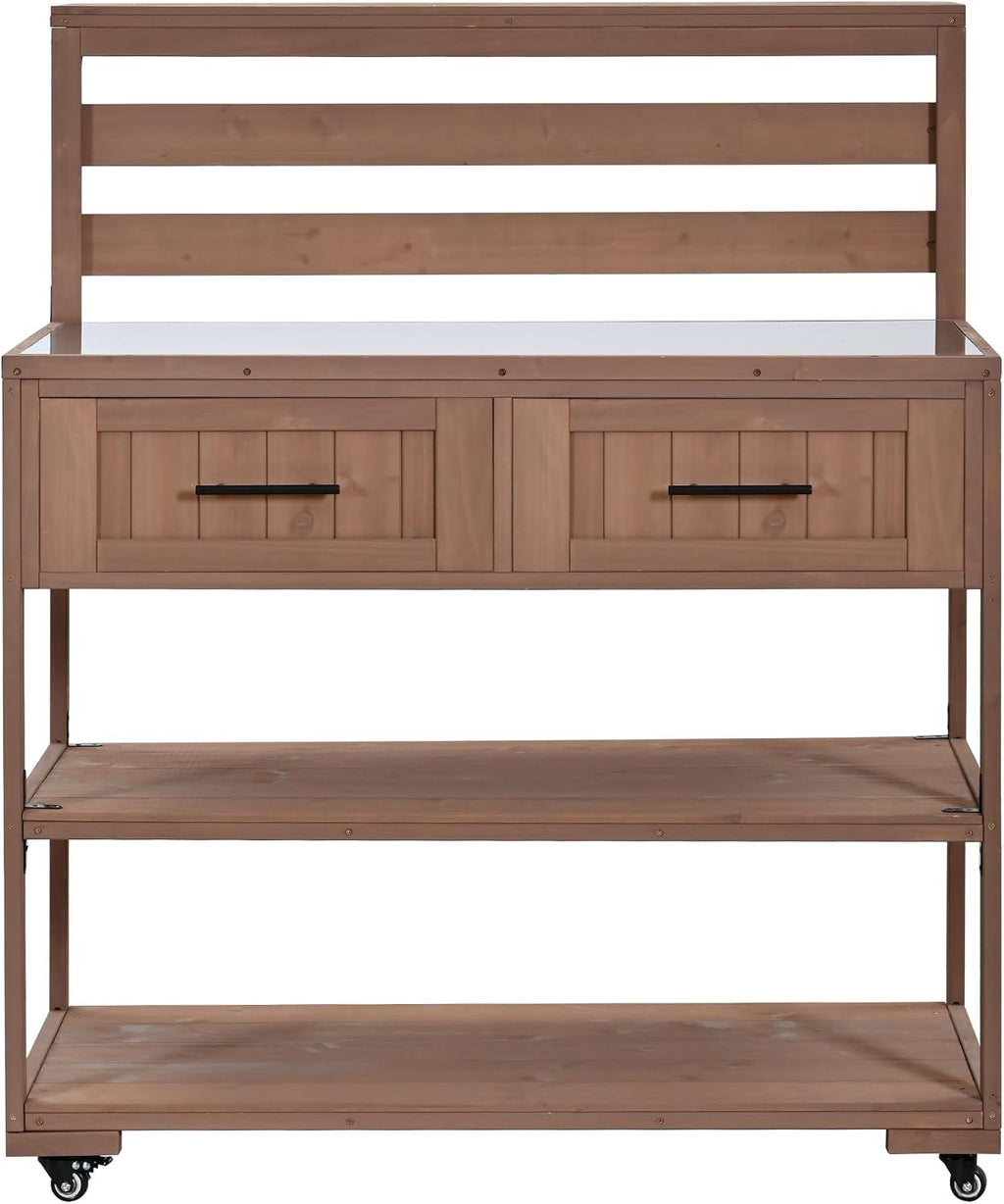 62.3'' Patio Kitchen Island Cart with Stainless Table Top,Solid Wood Garden Potting Bench with Raised Shelf and Drawers, Grill Prep Table for BBQ, Party (Brown-E)