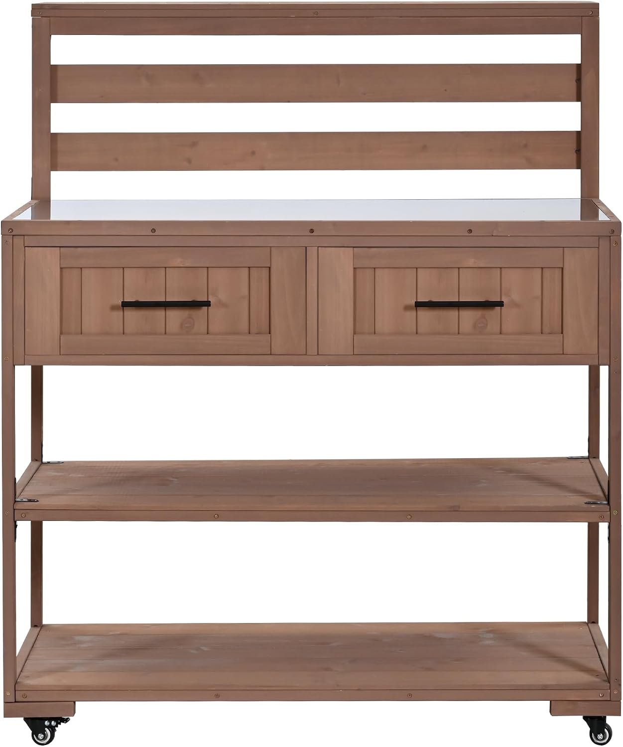 62.3'' Patio Kitchen Island Cart with Stainless Table Top,Solid Wood Garden Potting Bench with Raised Shelf and Drawers, Grill Prep Table for BBQ, Party (Brown-E)