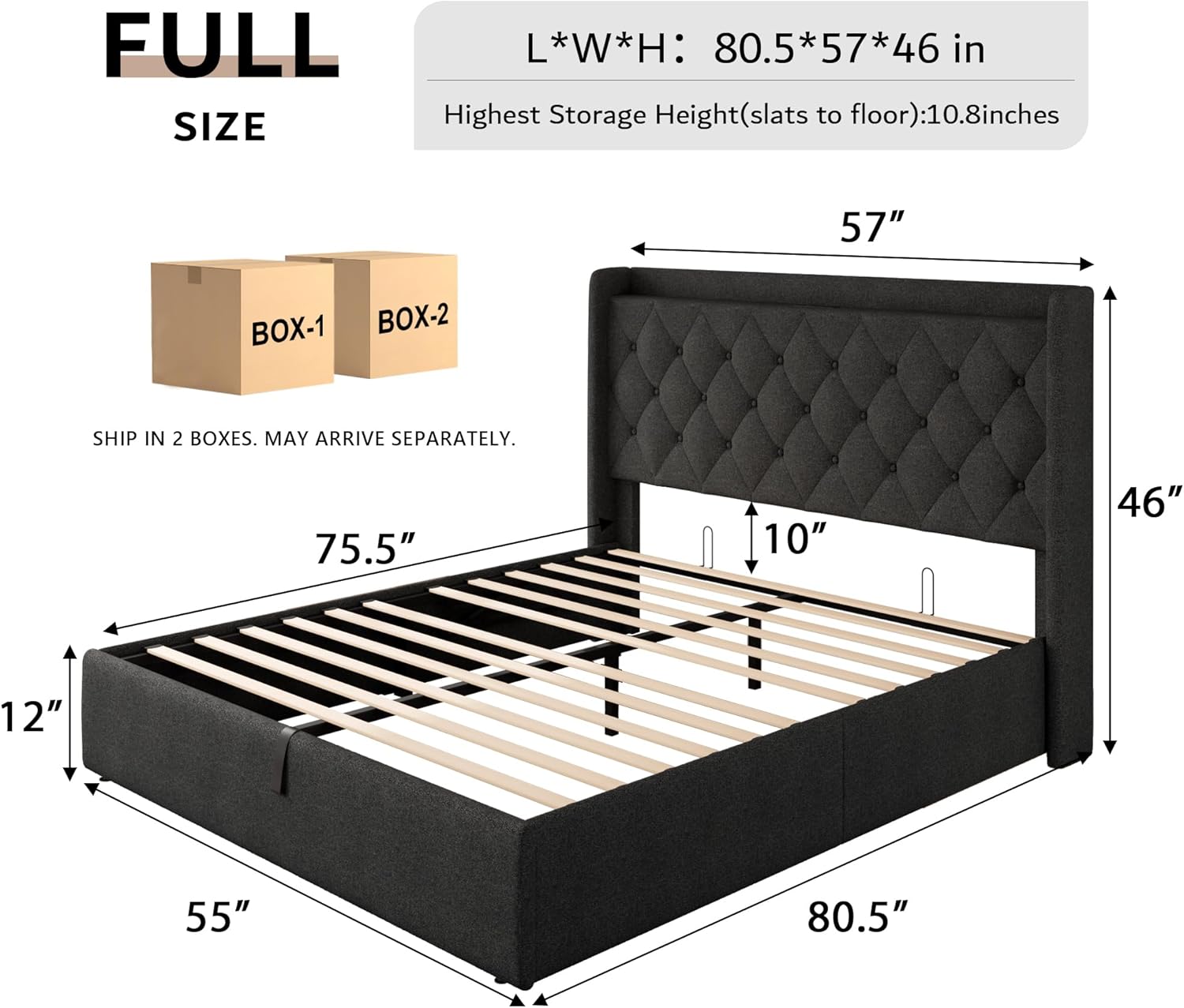 iPormis Full Size Lift Up Storage Bed Frame with Charging Station, Upholstered Platform Bed Frame with Tufted Headboard, Hydraulic Storage, No Box Spring Needed, Noise-Free, Easy Assembly, Dark Grey