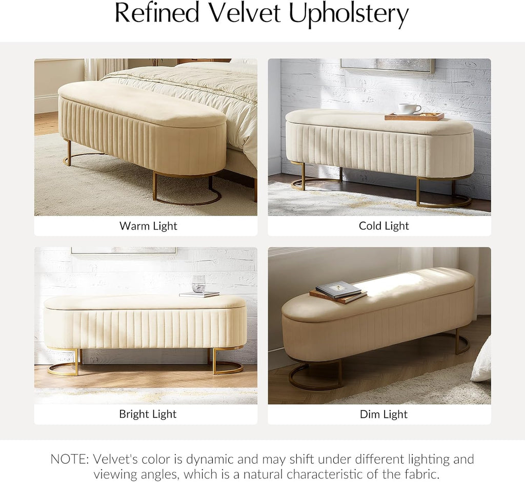 EcoHarbor Living 50.5' Storage Bench Hallway Ottoman,Upholstered End of Bed Bench Velvet with Gold Legs,Flipping Lid Entryway Footrest