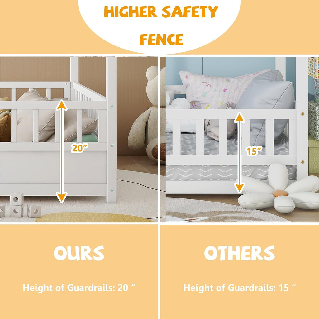 Bellemave Montessori Bed Full Size, Full Floor Bed with High Fence, House Beds for Kids, Girls, Boys, Easy Assemble Montessori Floor Beds, White