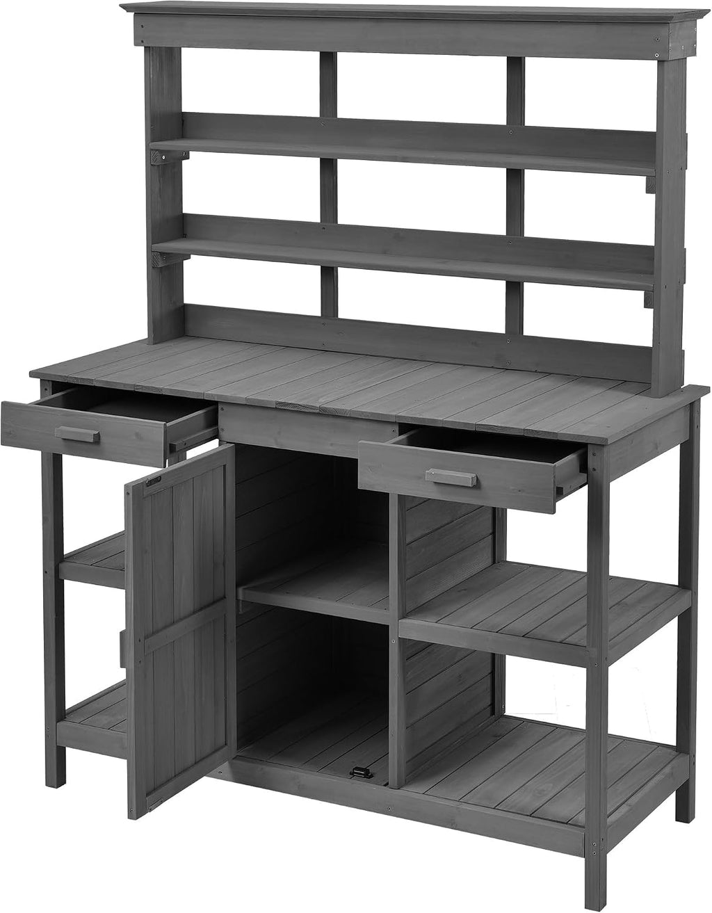 66'' Large Farmhouse Outdoor Potting Bench Table, Gardening Table Workstation with 2 Drawers, Potting Benches for Outside with Cabinet and Open/Removable Shelves, Garden Bench (Gray, 66'')