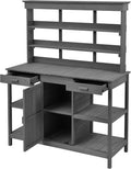 66'' Large Farmhouse Outdoor Potting Bench Table, Gardening Table Workstation with 2 Drawers, Potting Benches for Outside with Cabinet and Open/Removable Shelves, Garden Bench (Gray, 66'')