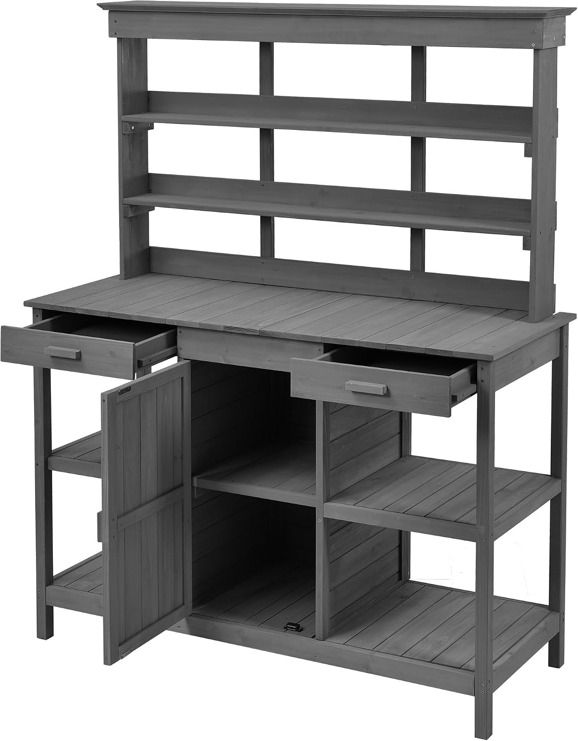 Potting Bench Table, 66 Inch Outdoor Farmhouse Wooden Garden Workstation with 2 Drawers Cabinet and Open Shelves for Backyard/Mudroom, Gray