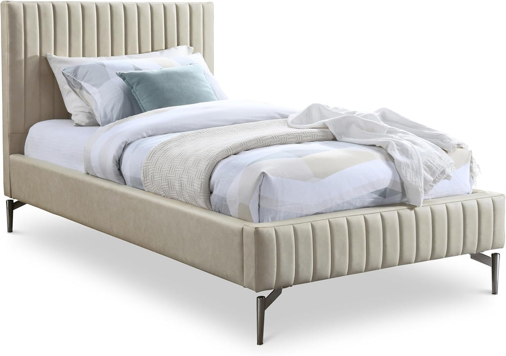 Meridian Furniture GalloBeige-T Gallo Collection Modern | Contemporary Twin Bed with Soft Beige Vegan Leather, Deep Channel Tufting and Black Metal Legs, 44' W x 84.5' D x 43.5' H, Beige, Twin