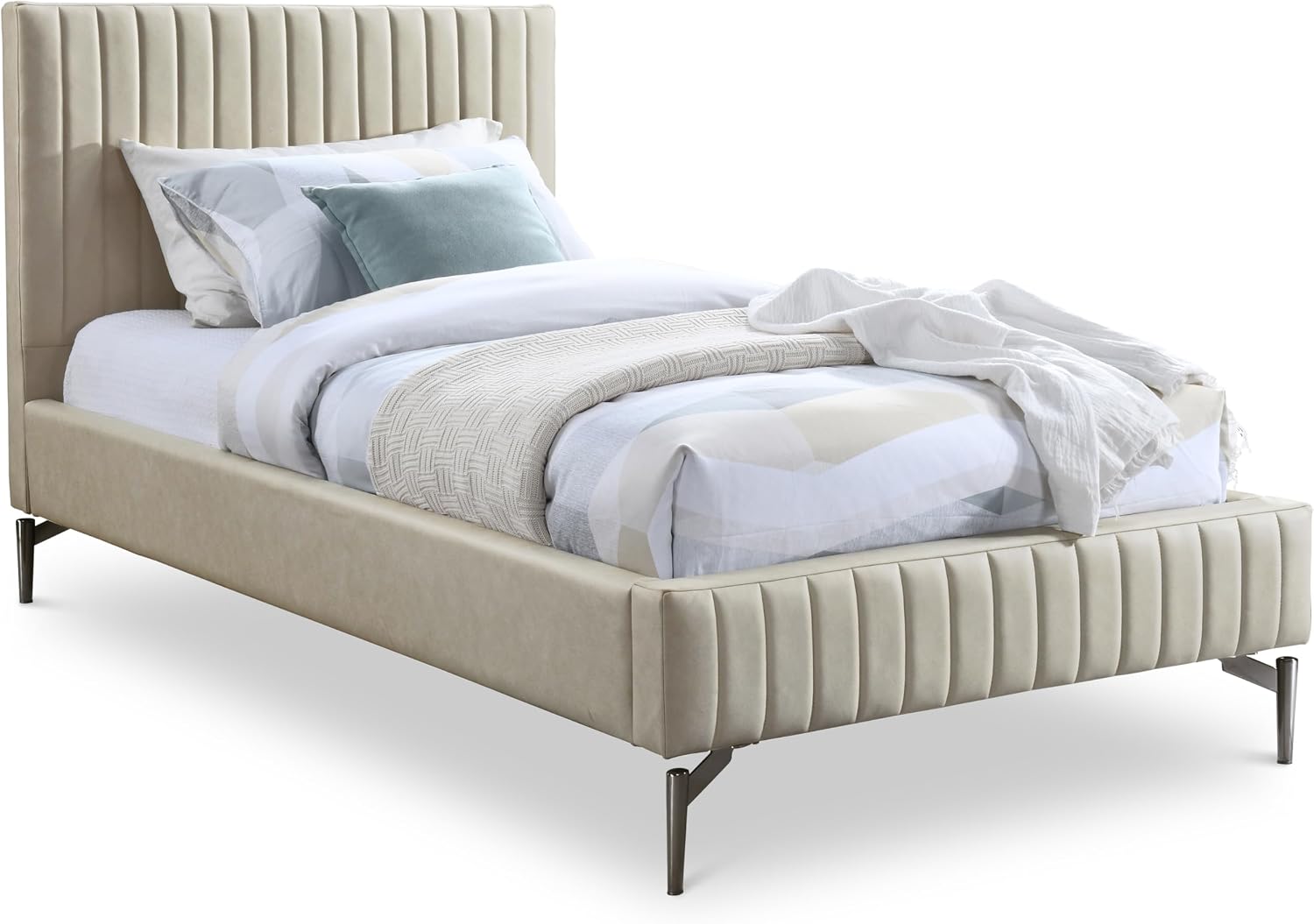 Meridian Furniture GalloBeige-T Gallo Collection Modern | Contemporary Twin Bed with Soft Beige Vegan Leather, Deep Channel Tufting and Black Metal Legs, 44' W x 84.5' D x 43.5' H, Beige, Twin