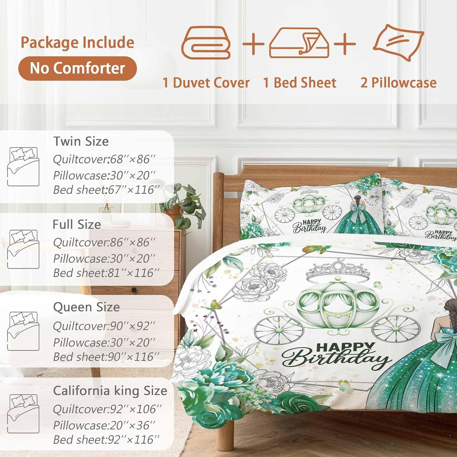 Happy Birthday Duvet Cover Full Size - 4 Pieces Bedding Set, Green Luxury Dress Crown Carriage Flowers Bedding Comforter Covers Zipper Closure, 1 Duvet Covers 1 Fitted Sheet 2 Pillow Shams